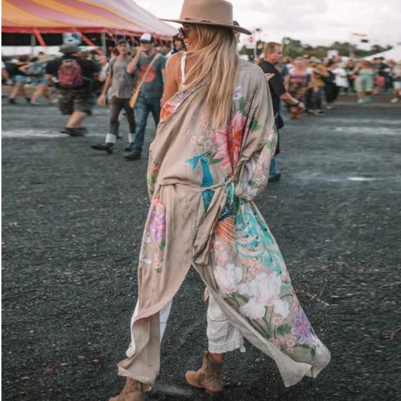 Tops - Boho Gypsy Tan Floral Peacock Kimono Cover up Duster